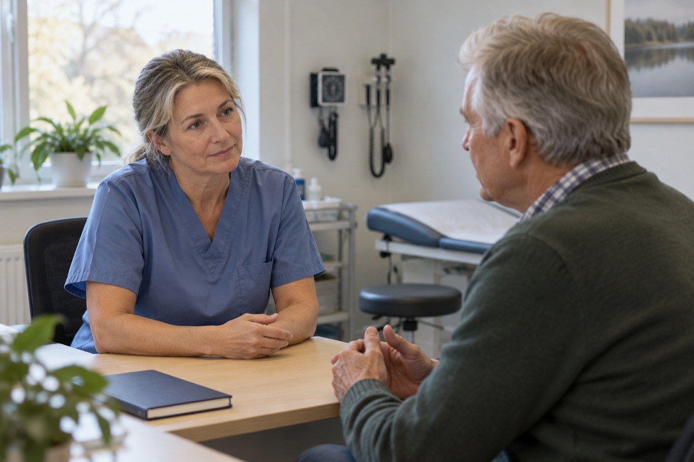 AI-illustration: en erfaren allmänläkare lyssnar på en äldre patient i ett lugnt samtal på mottagningen.